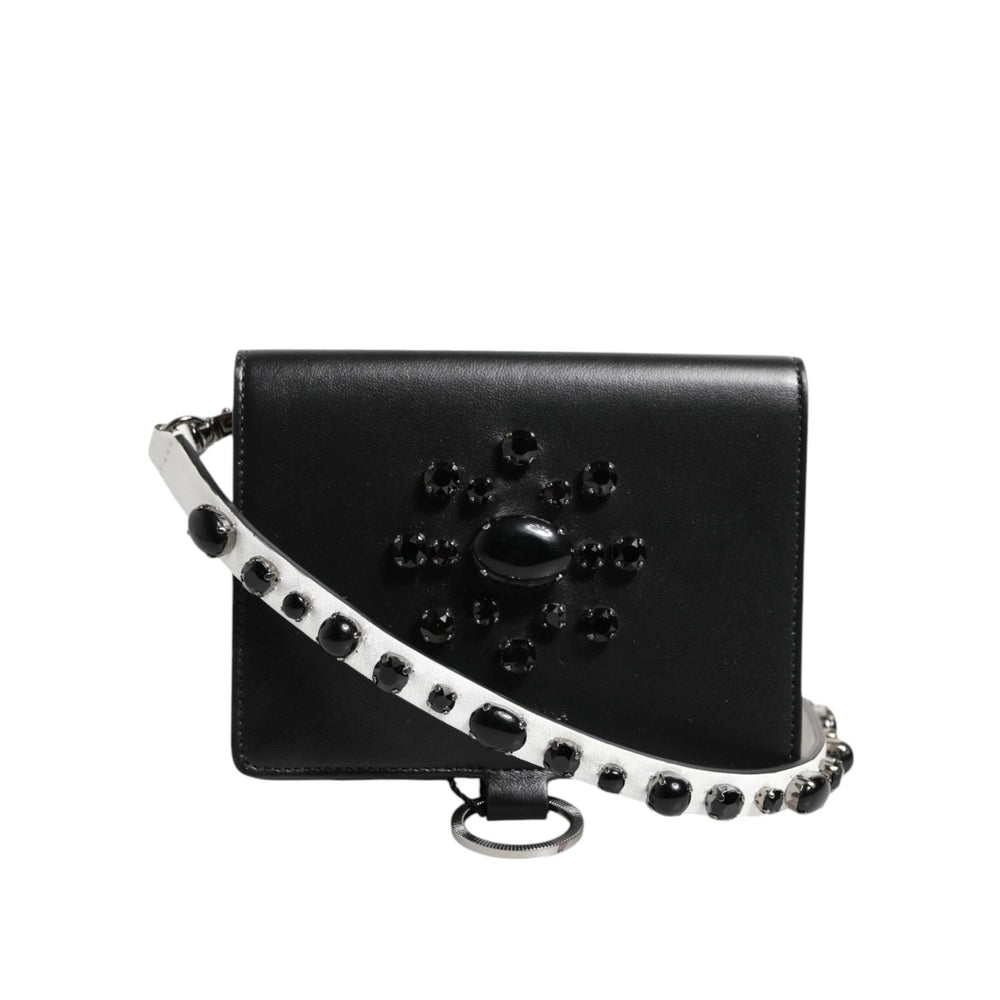Dolce & Gabbana Black Leather Crystal Embellished Card Holder Wallet BAG4712