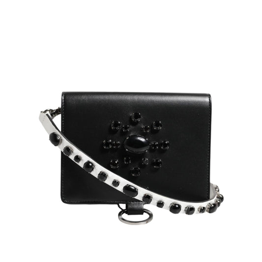 Dolce & Gabbana Black Leather Crystal Embellished Card Holder Wallet BAG4712