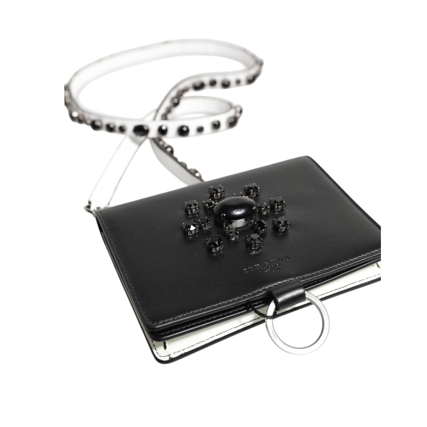 Dolce & Gabbana Black Leather Crystal Embellished Card Holder Wallet BAG4712