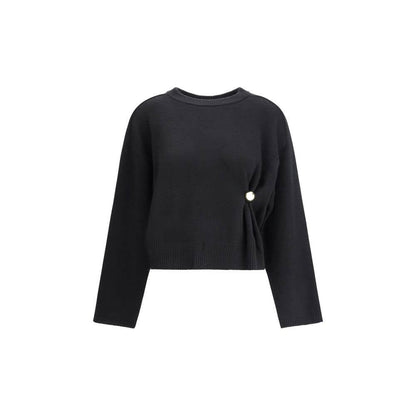Loulou De Saison Black Wool Sweatshirt with gold detail, elegant crew neck, and draped effect, 100% wool AW25 woman fashion.