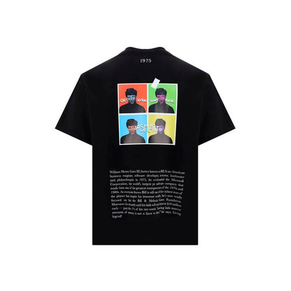 Black graphic t-shirt with colorful portraits and text, featuring the year 1975 on the back.