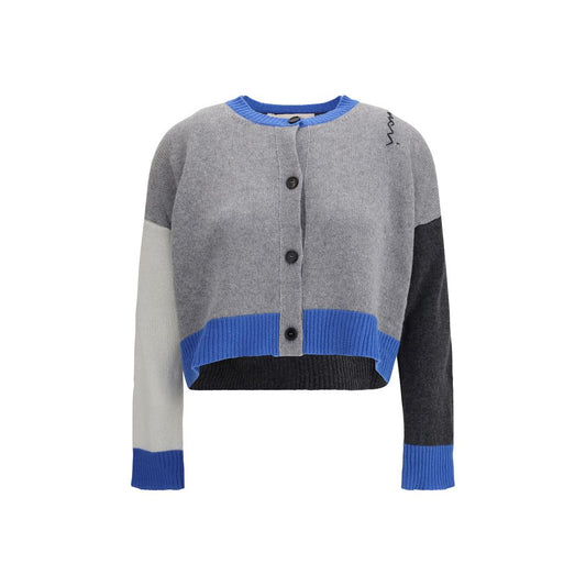 Marni Gray Cashmere Cardigan with decorative front stitching, ribbed crew neck, cuffs, and button closure, AW25 collection.