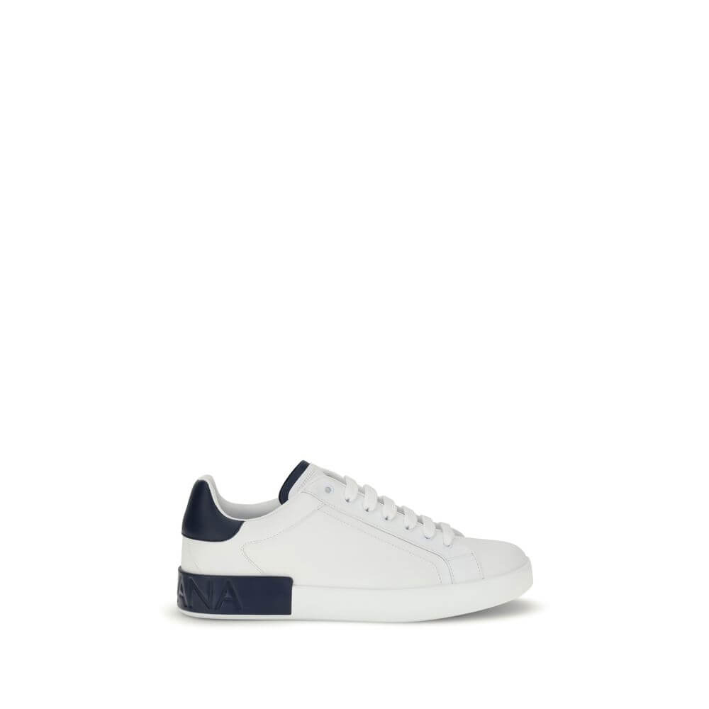 Dolce & Gabbana White Calf Leather Bos Taurus Low Top Sneakers featuring a logo stripe and heel detail, round toe, lace-up design.