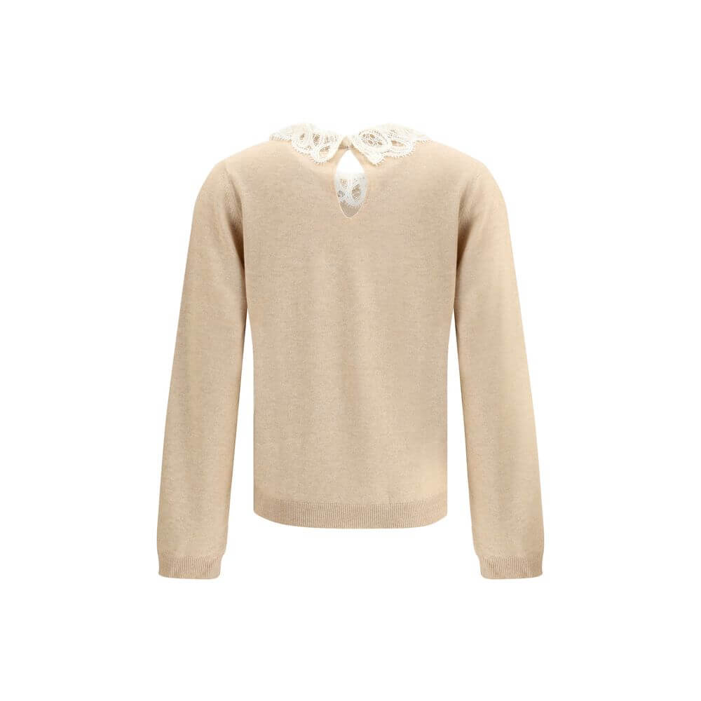 Fabiana Filippi Beige Fleece Wool Sweatshirt with lace collar and gold button detail, elegant ribbed hem and cuffs for a sophisticated look.