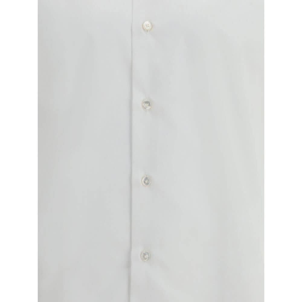 Finamore White Cotton Dress Shirt with buttons, classic collar, and adjustable cuffs for formal and casual wear.
