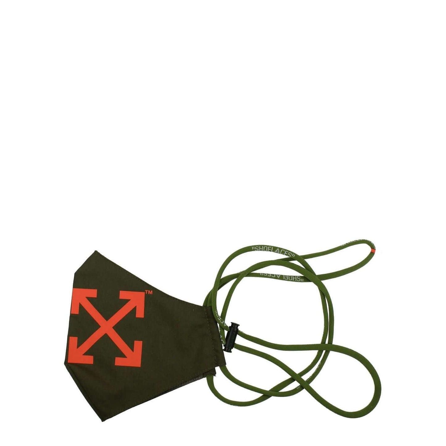 Off-White Green Polyester Facemask with drawstring closure, featuring Signature Off-White design, made from 65% polyester and 35% cotton.