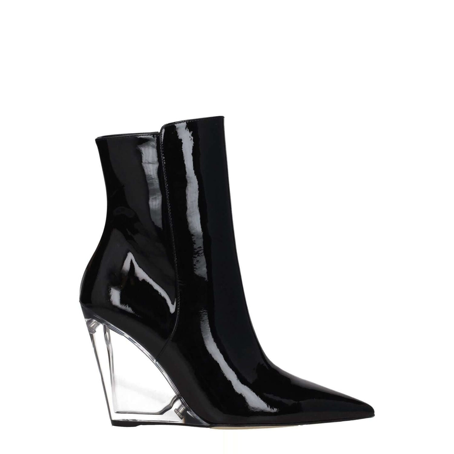 Stuart Weitzman Black Leather Ankle Boots with pointed toe and wedge heel, gold punk rock style, patent leather, MPN LUCITE100PATSC816BLK.