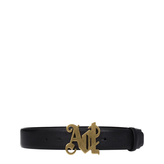 Palm Angels Black Leather Regular Belt with vintage effect, gold logo, casual style, button closure, height 3.5 cm.