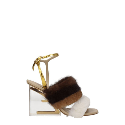 Fendi Brown Mink Strap-On Sandals with high heel, open toe, gold buckle closure, leather sole, and side logo. Casual style.