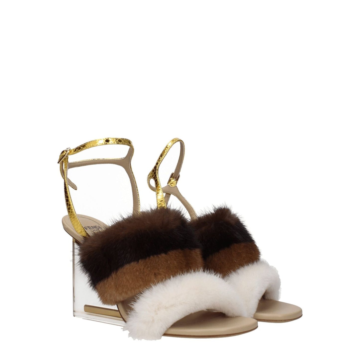 Fendi Brown Mink Strap-On Sandals with gold buckle closure, featuring high heels and open toe design, made of snake leather.