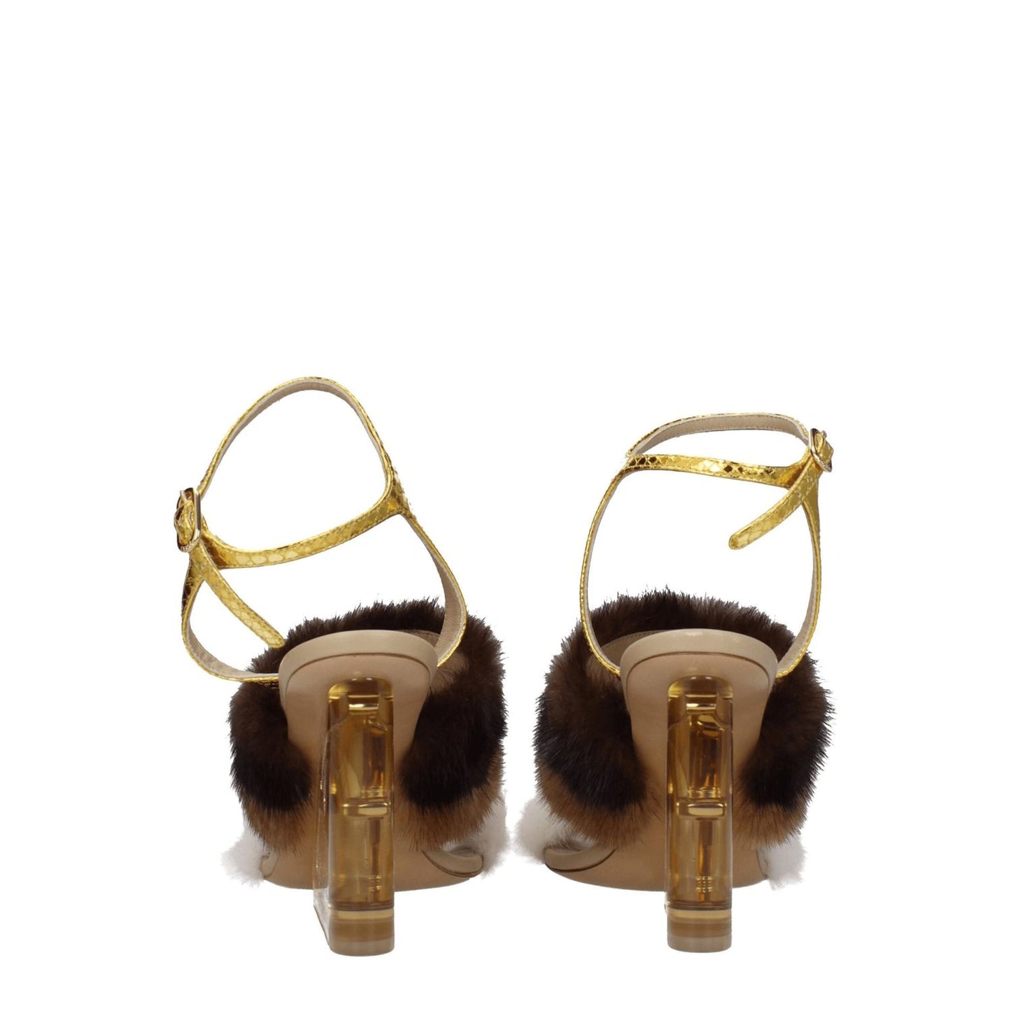 Fendi Brown Mink Strap-On Sandals with gold buckle closure, high heel, and open toe design. Features side logo and vintage effect.