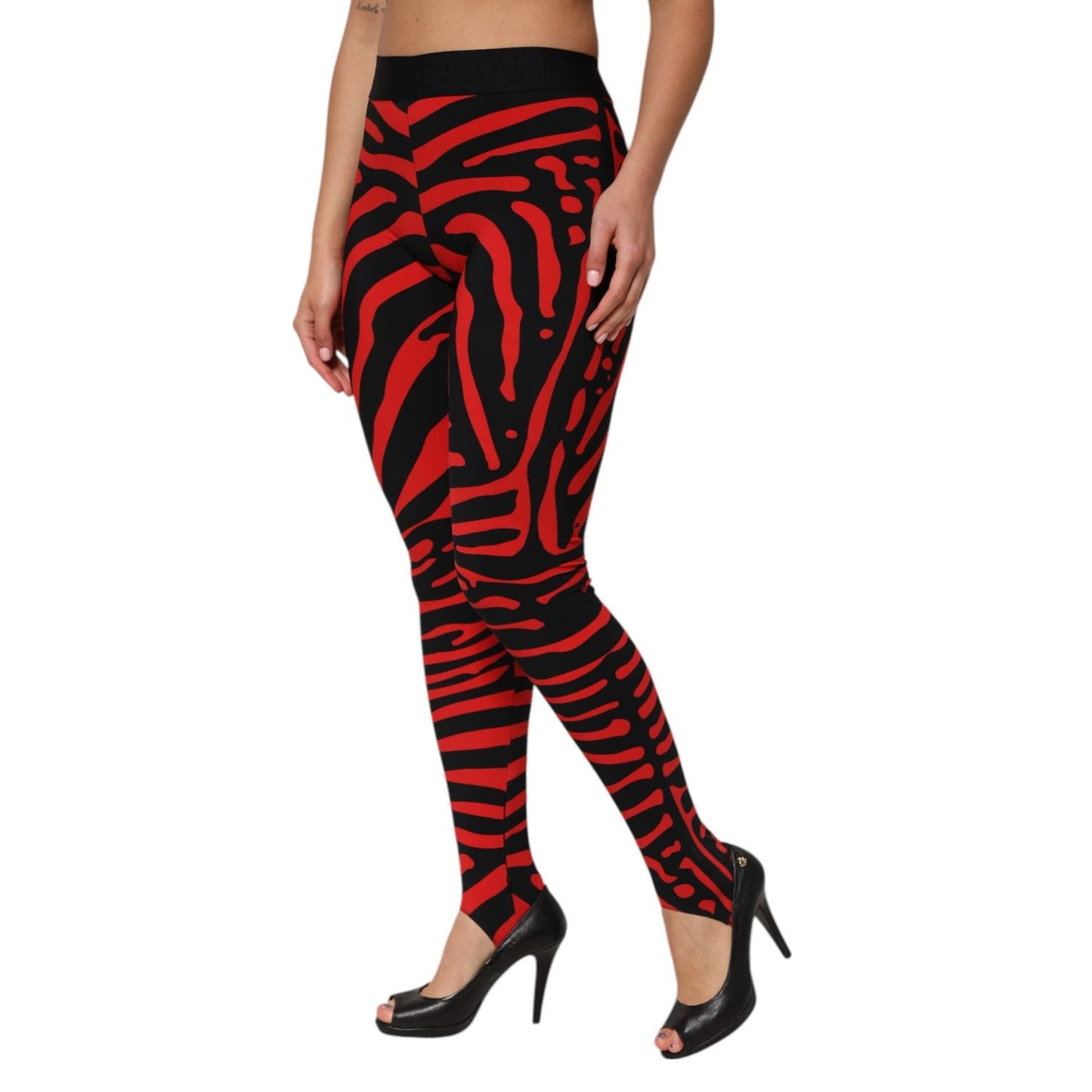 Dolce & Gabbana Black Red Nylon Logo Waisted Leggings Pants PAN76678-40