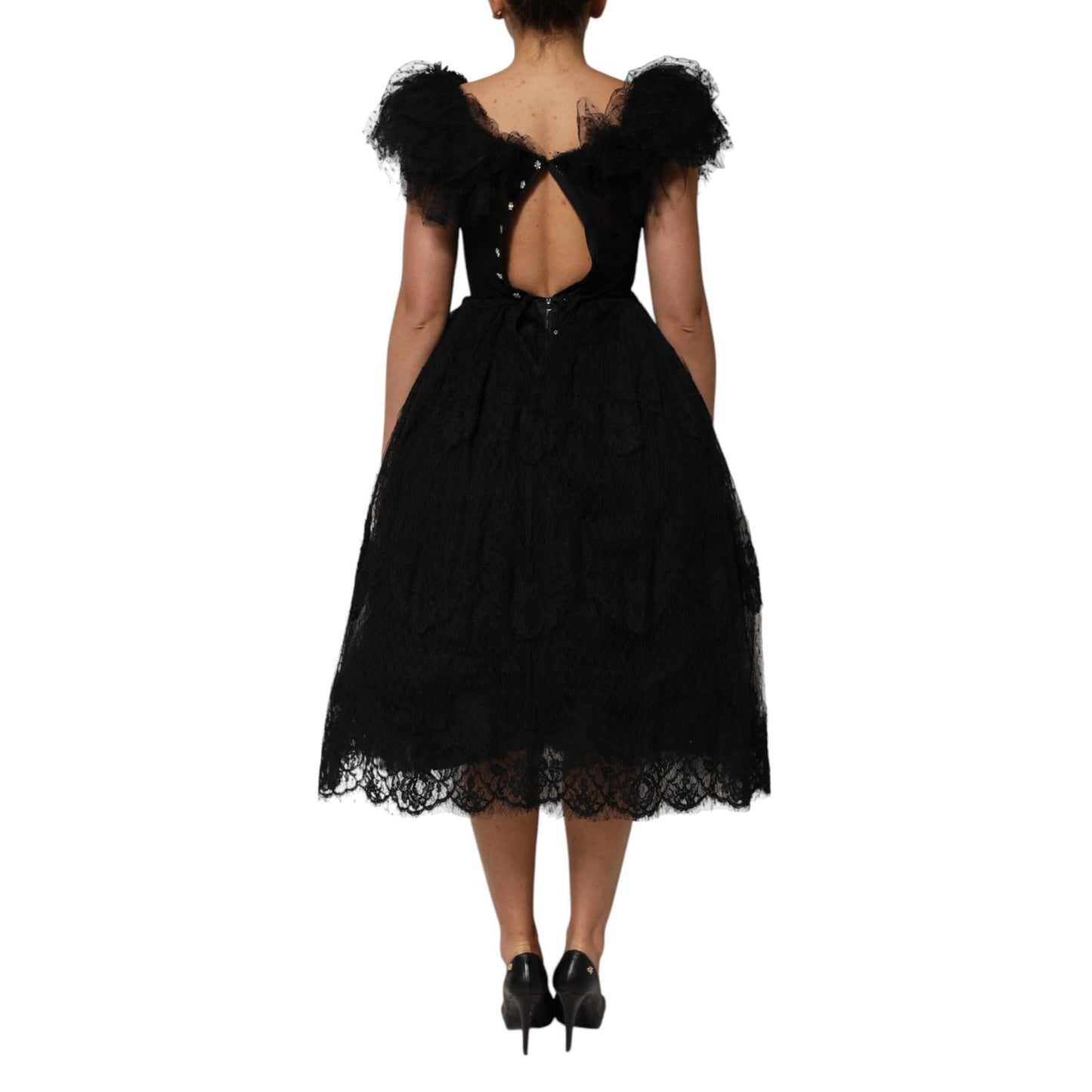 Dolce & Gabbana Black Crystal Embellished Midi A-line Dress