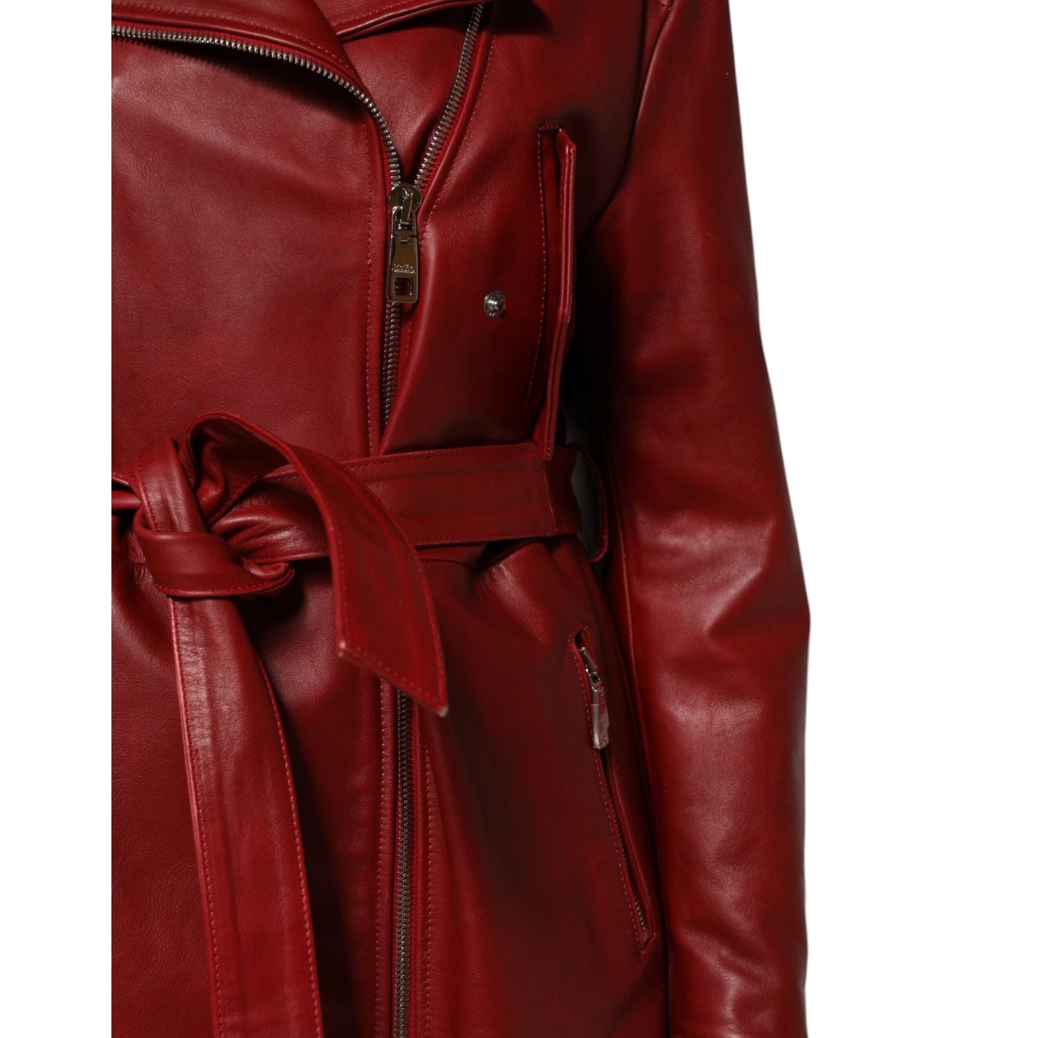 Dolce & Gabbana Red Leather Belted Full Zip Trench Coat Jacket