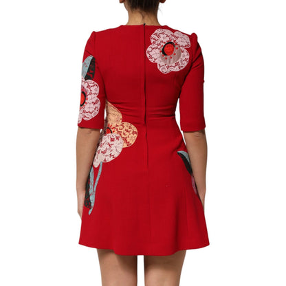 Dolce & Gabbana Red Lace Floral Applique A-line Mini Dress