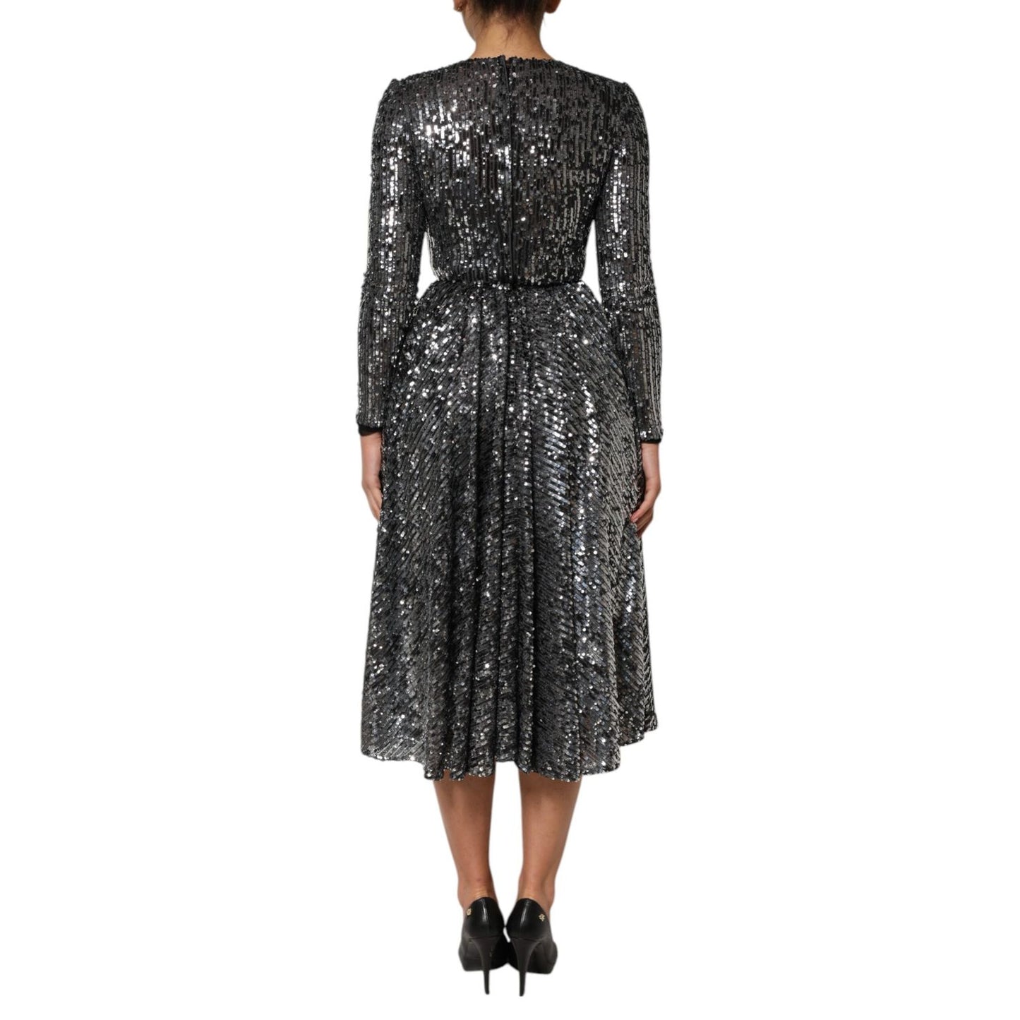Dolce & Gabbana Black Sequined Long Sleeves Midi A-line Dress