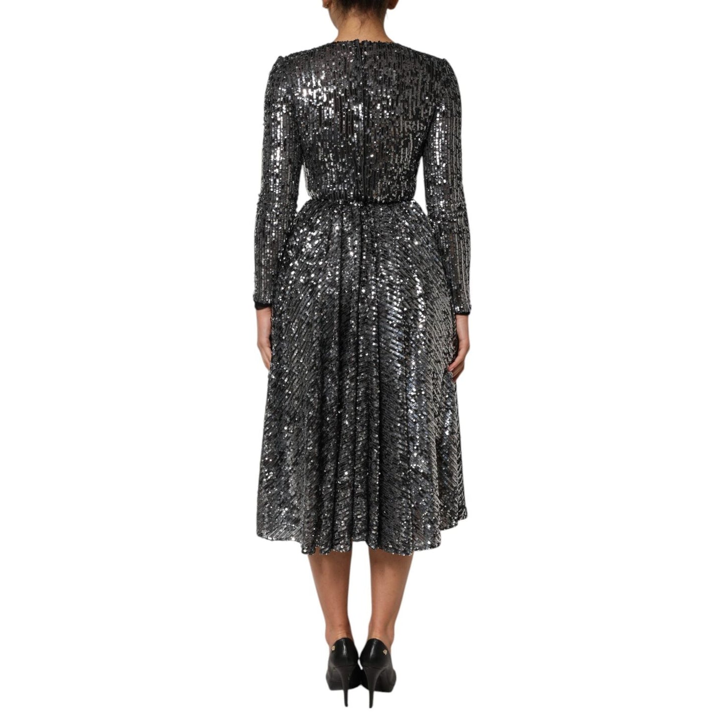 Dolce & Gabbana Black Sequined Long Sleeves Midi A-line Dress DR81823-40