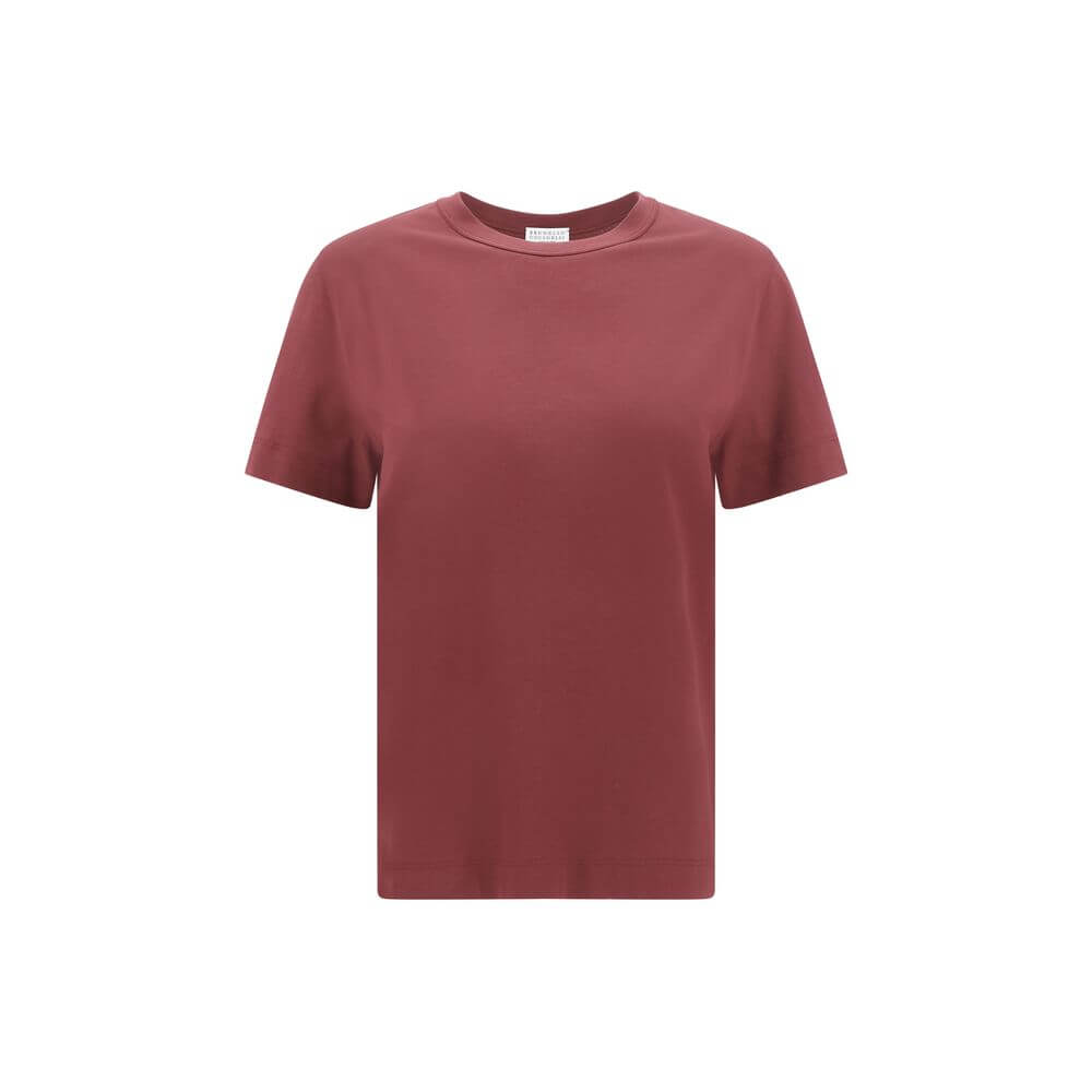 Brunello Cucinelli Bordeaux Cotton T-Shirt with ribbed crew neck and jewel detail for luxury style.