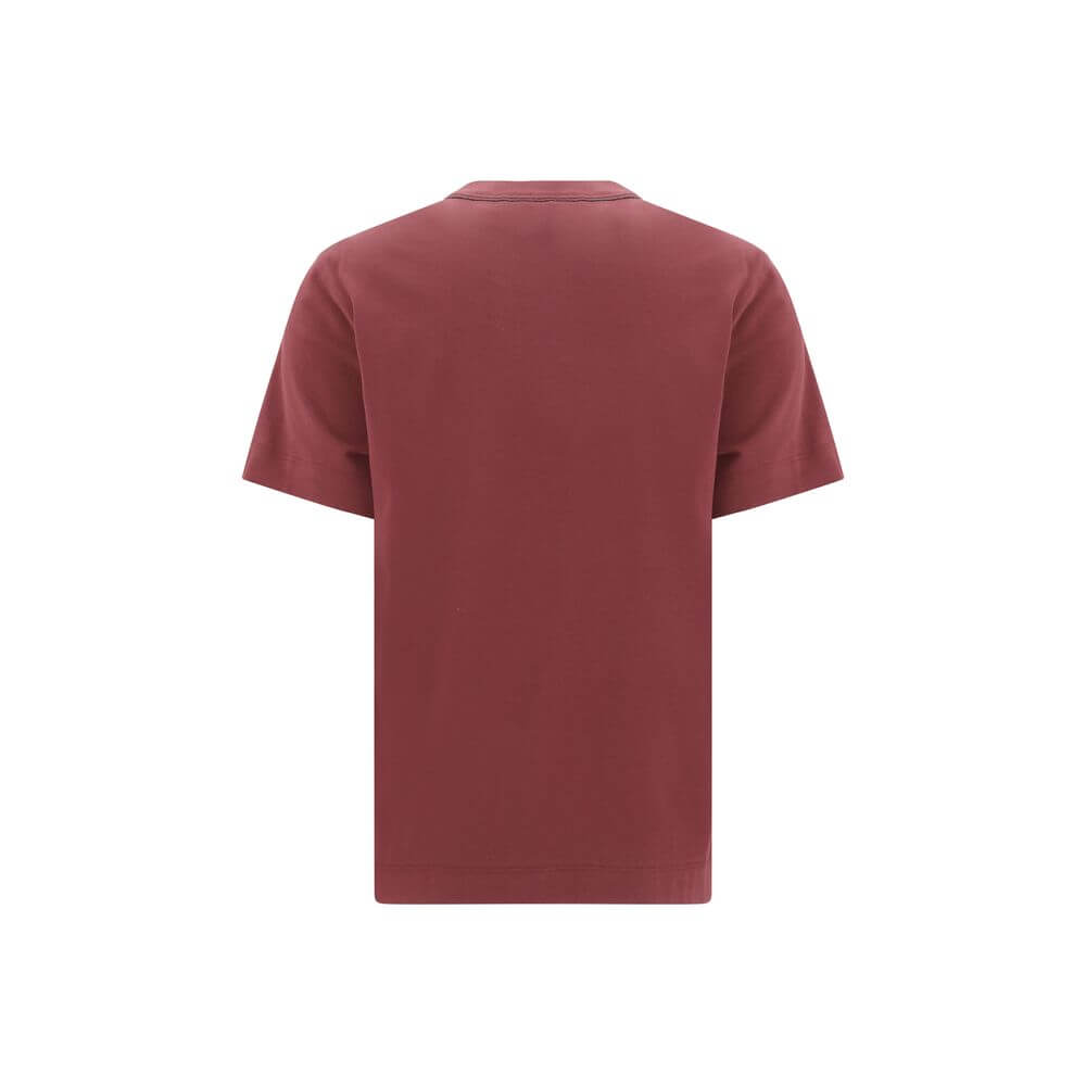 Back view of Brunello Cucinelli Bordeaux Cotton T-Shirt with ribbed crew neck and jewel detail for luxury style.
