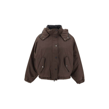 Brunello Cucinelli Brown Polyester Coat with removable hood and front zipper, showcasing its stylish design and warmth.