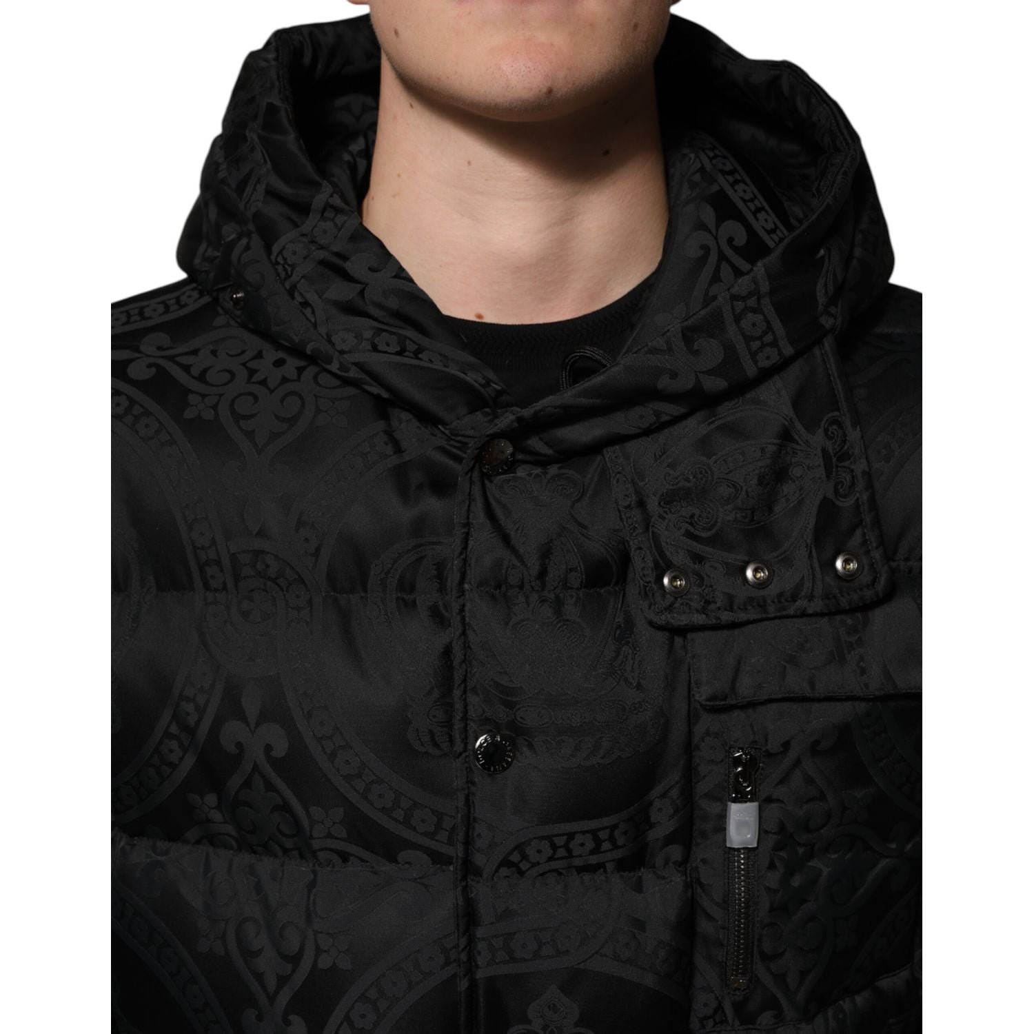 Dolce & Gabbana Black Jacquard Quilted Puffer Hooded Jacket