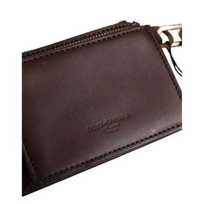 Dolce & Gabbana Brown Calf Leather Zip Logo Keyring Coin Purse Men Wallet