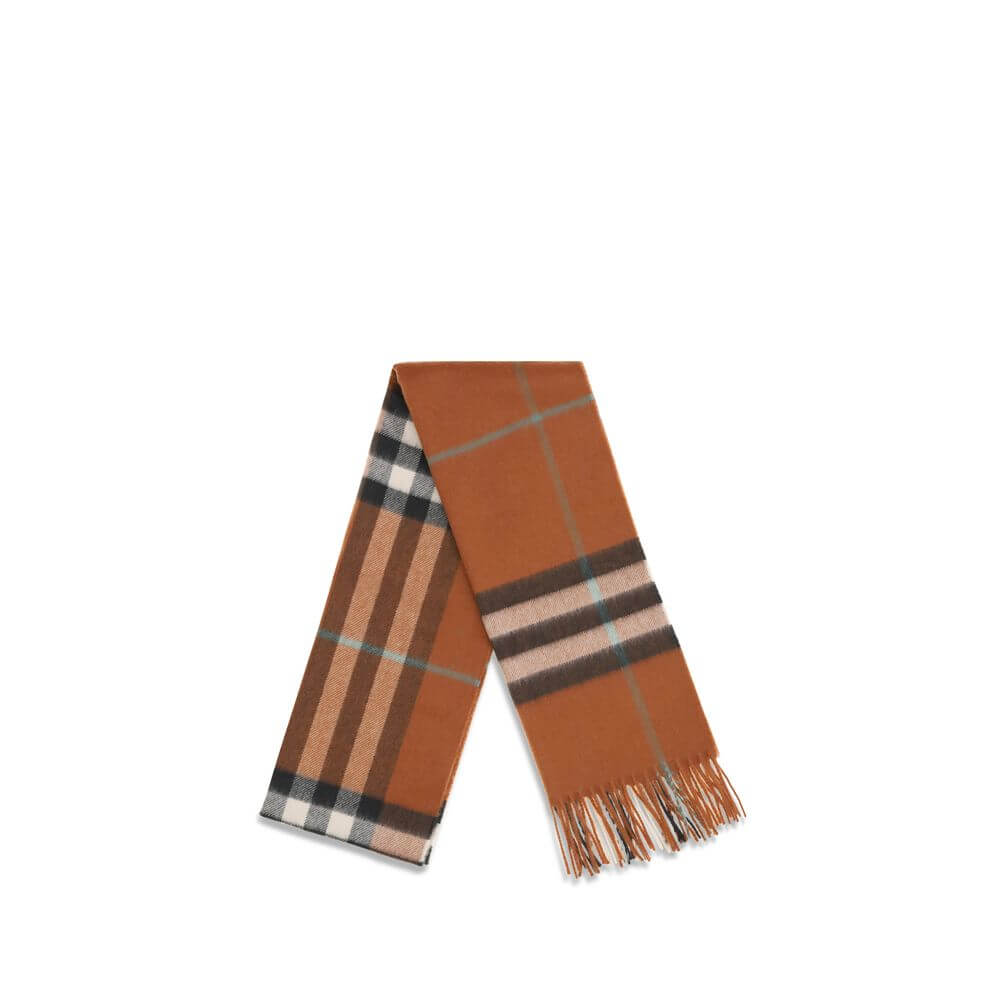 Burberry Brown Cashmere Scarf with classic check pattern and fringed ends, 100% cashmere material. A luxurious accessory for AW25.