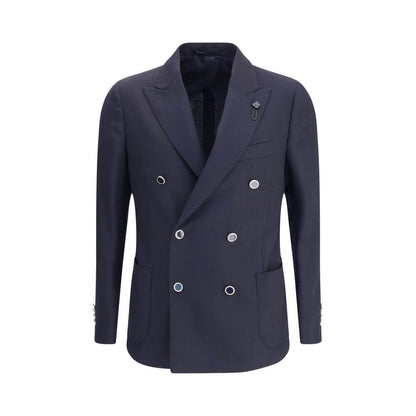 Lardini Blue Fleece Wool Blazer with double-breasted design, six buttons, spear lapels, and herringbone pattern.