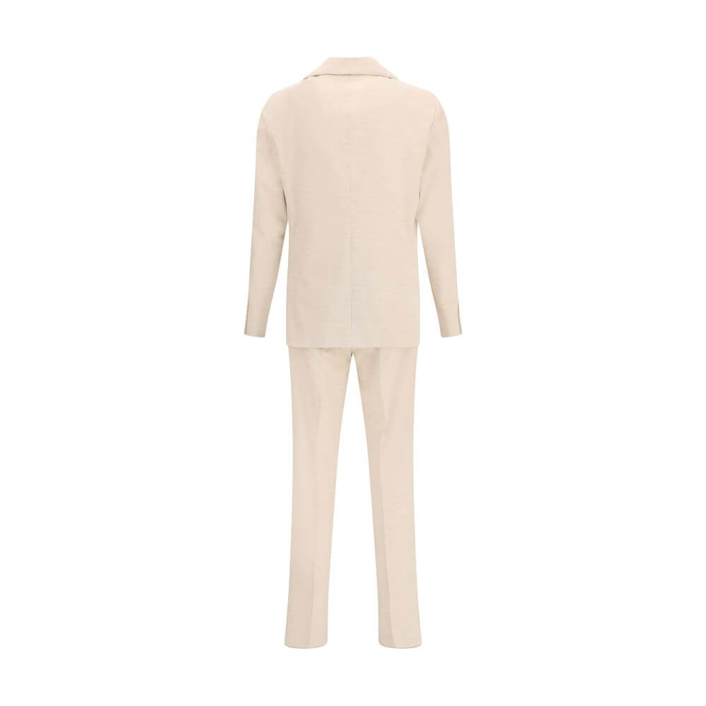 Back view of Lardini Beige Cotton Two-Piece Suit with notch lapel blazer and straight-leg trousers in corduroy fabric.