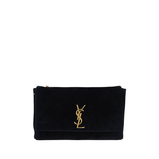 Saint Laurent Black Calf Leather Bos Taurus Shoulder Bag with monogram emblem and chain strap for elegant occasions.