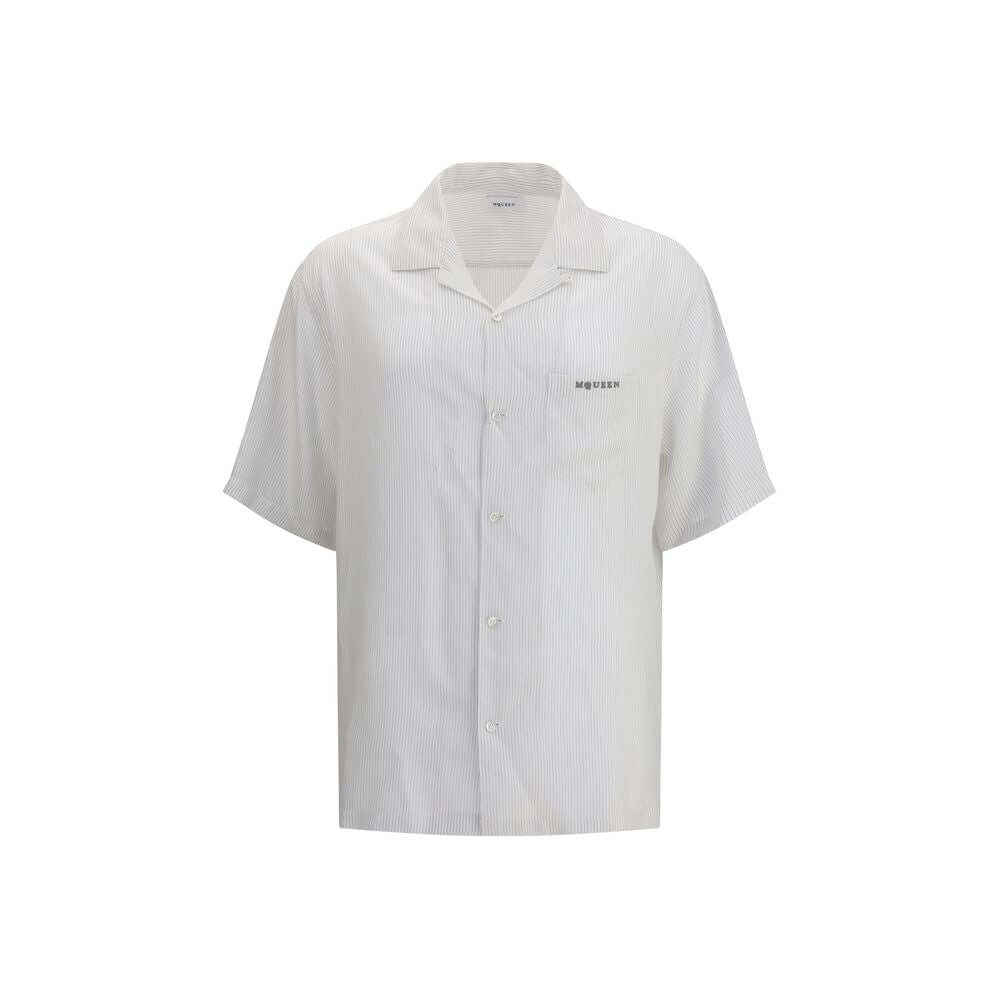 Alexander McQueen White Viscose Pattern Shirt with thin stripes, front button closure, and chest pocket, for AW25 season.