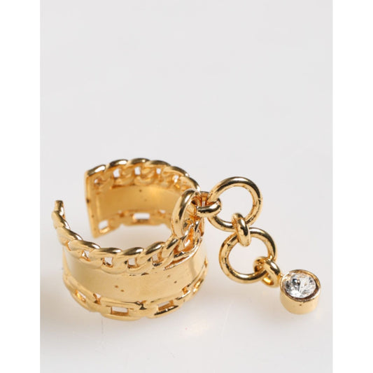 Dolce & Gabbana Gold Tone Brass Logo Chain Clear Crystals Adjustable Ring SMY10756