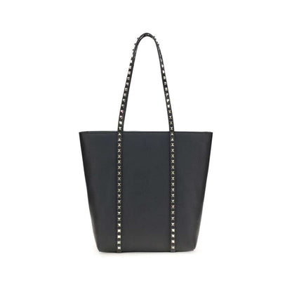 Valentino Garavani Black Calf Leather Bos Taurus Shoulder Bag with iconic platinum-finish studs and zipper closure.