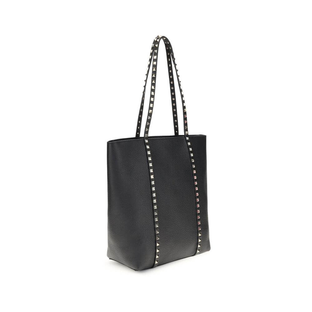 Valentino Garavani Black Calf Leather Bos Taurus Shoulder Bag with platinum-finish studs and dual handles