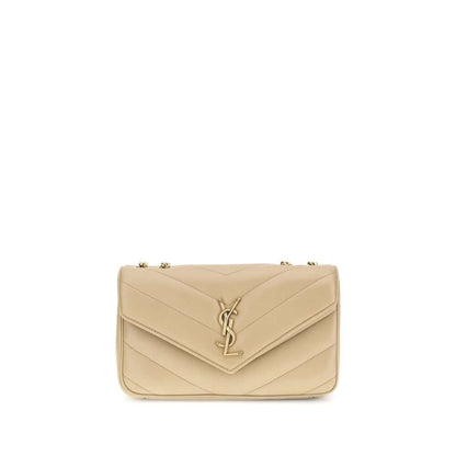 Saint Laurent Beige Lamb Ovis Aries Aries Shoulder Bag with quilted design and YSL logo, featuring versatile leather chain strap.