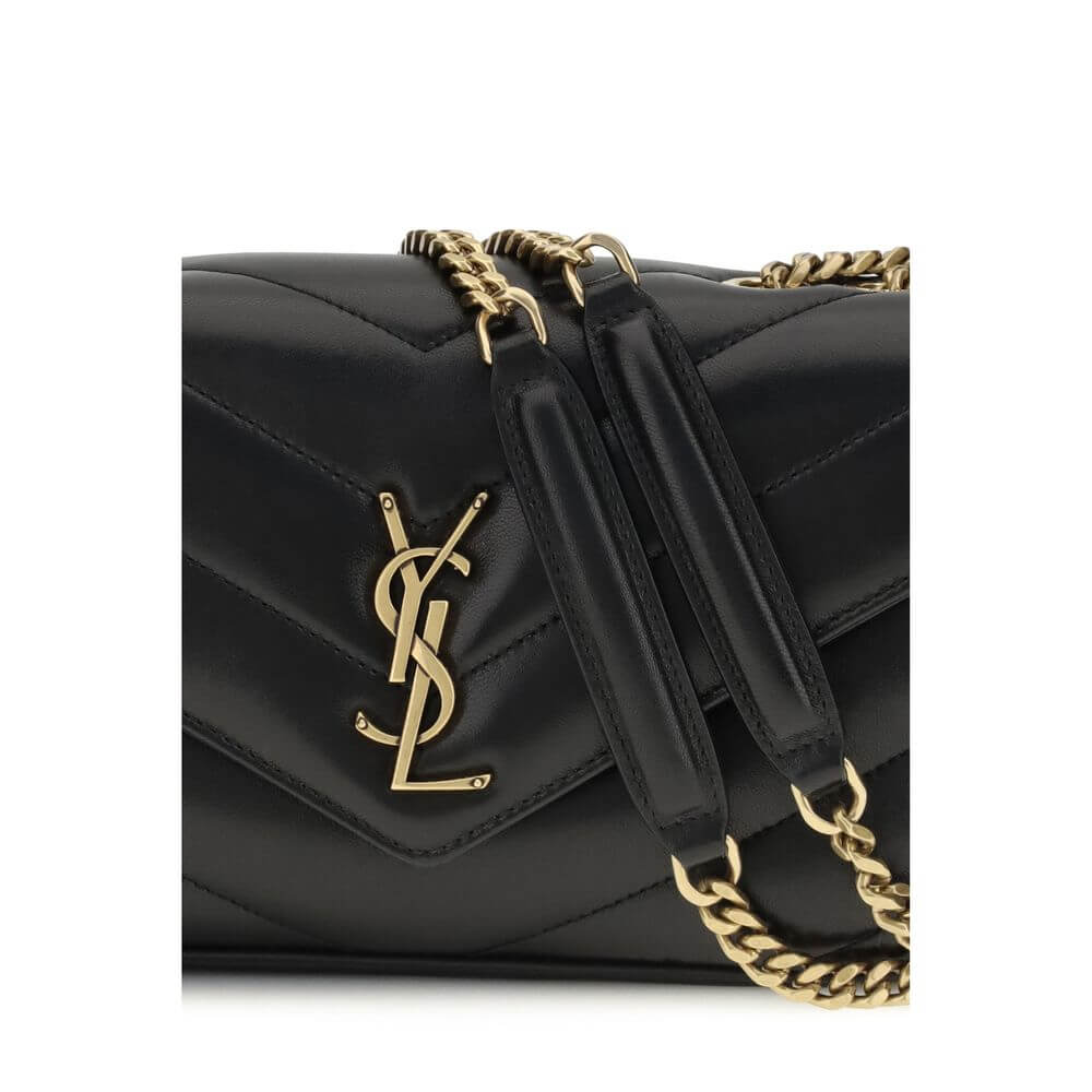 Saint Laurent Black Lamb Ovis Aries Aries Shoulder Bag with quilted design and brass logo, featuring leather and chain strap.