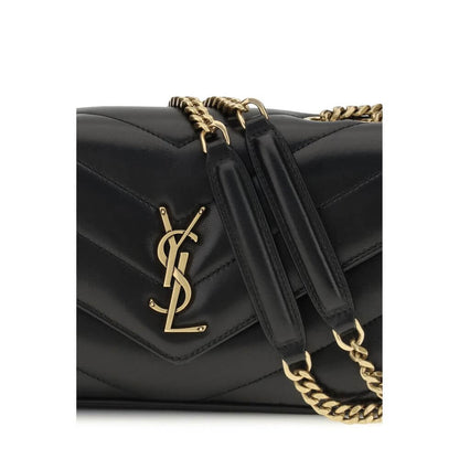 Saint Laurent Black Lamb Ovis Aries Aries Shoulder Bag with quilted design and brass logo, featuring leather and chain strap.