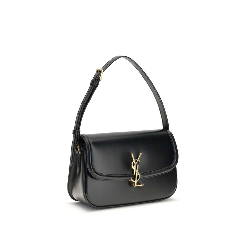 Saint Laurent Black Calf Leather Bos Taurus Shoulder Bag with bronze Cassandre logo and adjustable strap.