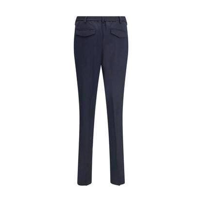 Back view of Lardini Blue Fleece Wool Chino Pants with elastic waistband, zipper, button closure, and refined pockets for elegance and functionality.
