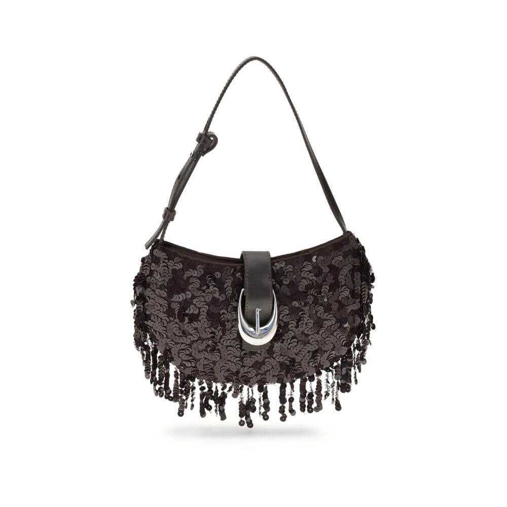Staud Brown Polyester Shoulder Bag with sequins and fringe, featuring a moon-shaped buckle and adjustable strap, perfect for evening use.