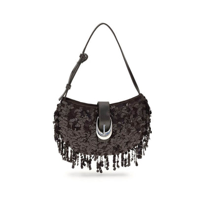 Staud Brown Polyester Shoulder Bag with sequins and fringe, featuring a moon-shaped buckle and adjustable strap, perfect for evening use.