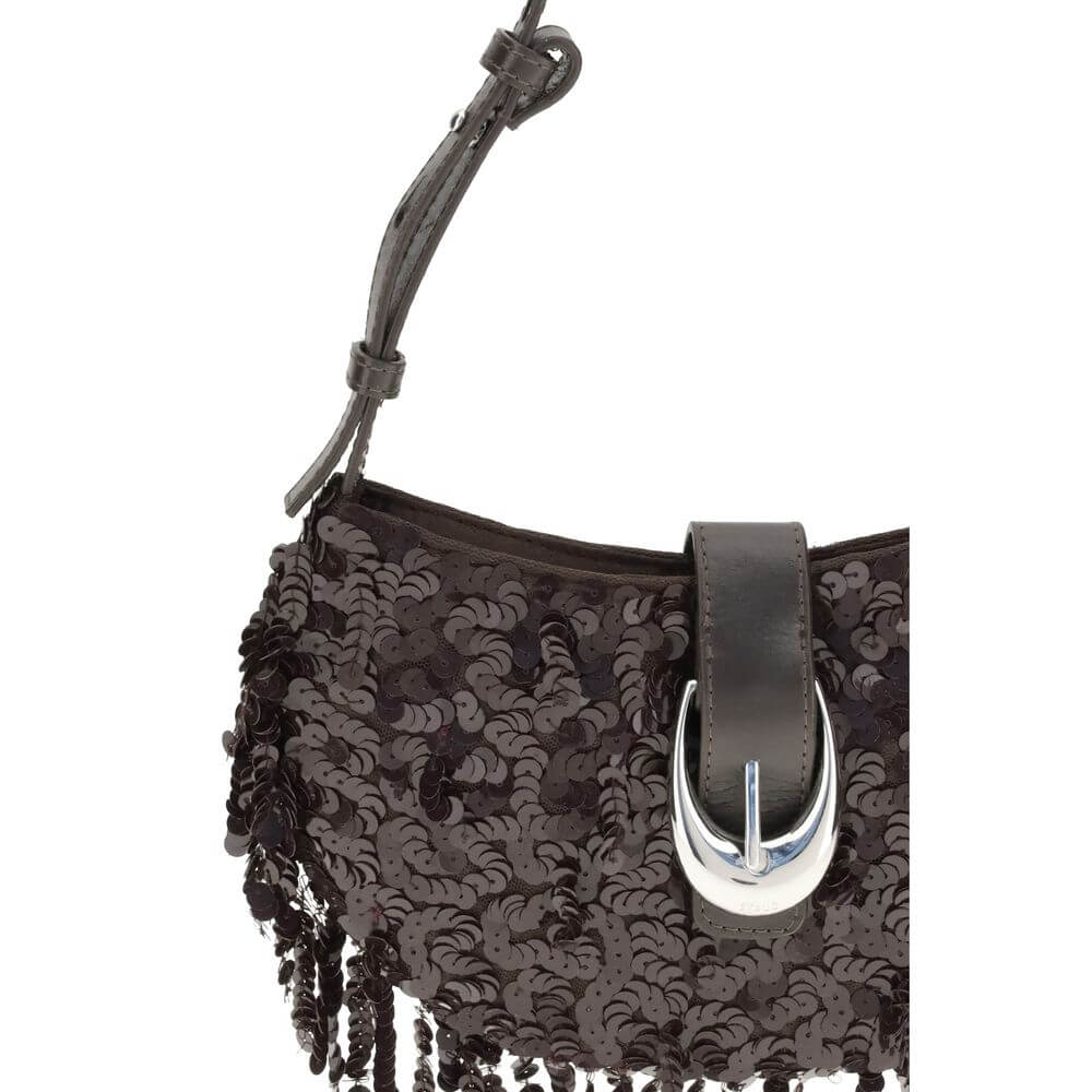 Staud Brown Polyester Shoulder Bag with sequins, half-moon shape, silver buckle, and fringed edge.