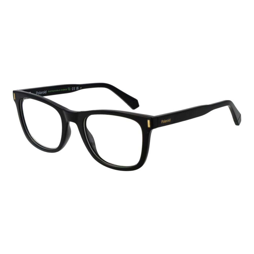 Polaroid Black Unisex Glasses Frame, full-rim rectangle style with demo lenses, polyester material, shipped with branded case.