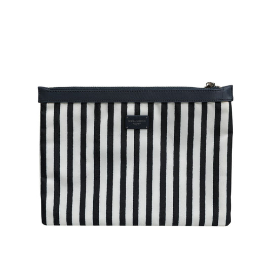 Dolce & Gabbana Black White Striped Logo Plaque Clutch Pouch Bag BAG4684