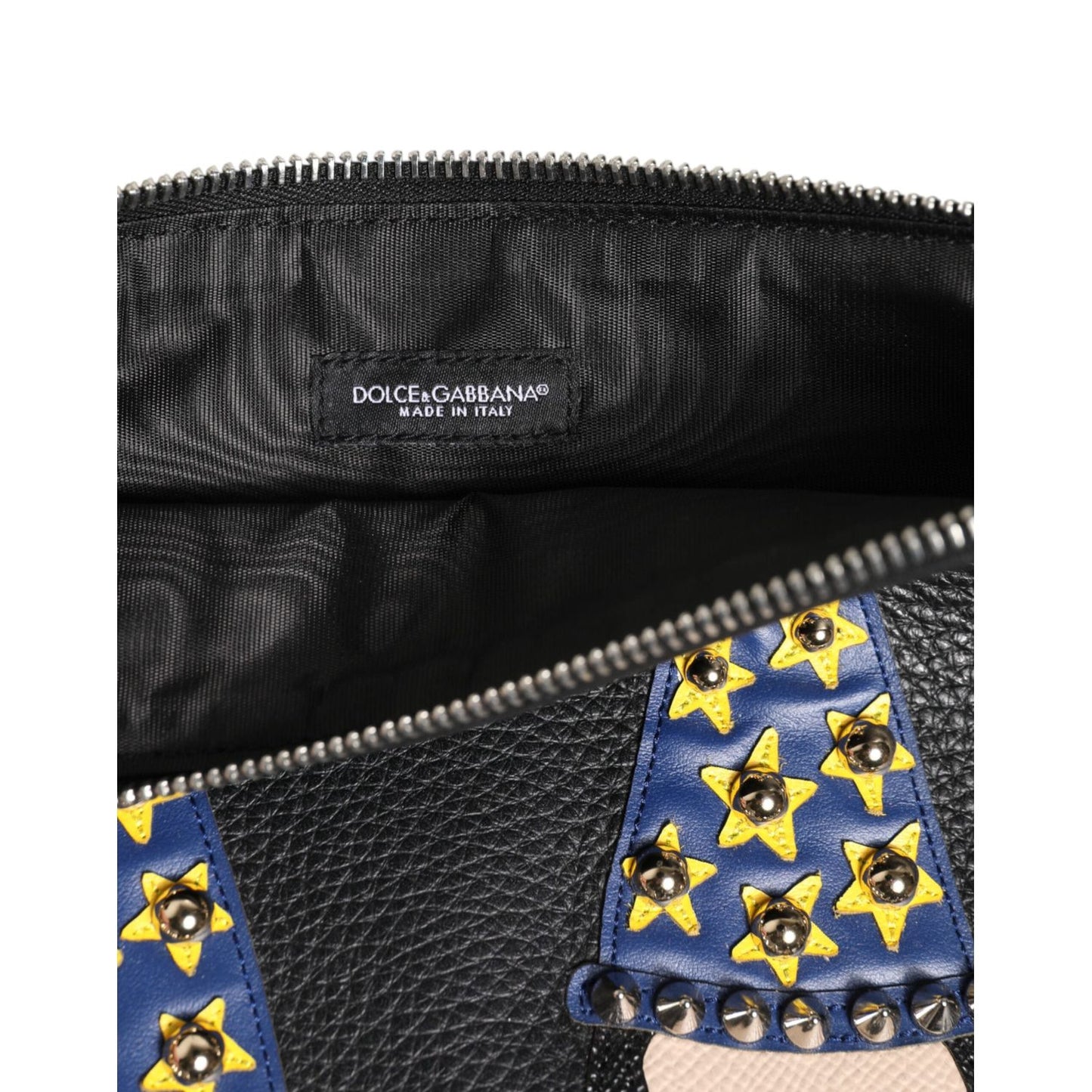 Dolce & Gabbana Black Leather #DGFAMILY Embellished Men Clutch Pouch Bag BAG4683