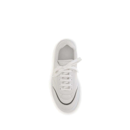 Brunello Cucinelli White Calf Leather Bos Taurus Low Top Sneakers with shiny details, top view.
