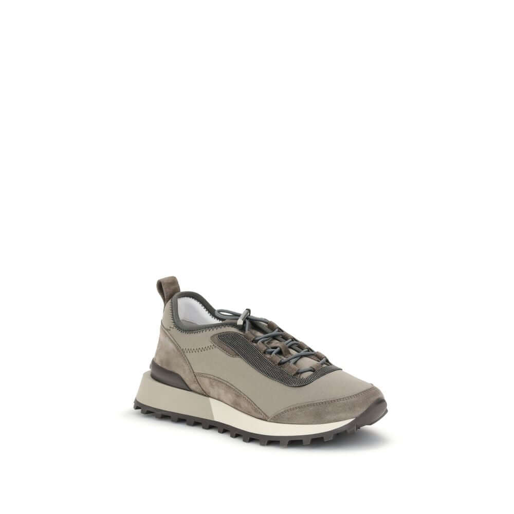 Brunello Cucinelli Brown Leather Athletic Sneakers with drawstring closure, micro sole, and sparkling jewels for modern comfort and style.
