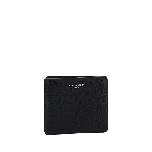 Saint Laurent Black Calf Leather Bos Taurus Wallet with embossed monogram, featuring card and bill slots, luxury design.
