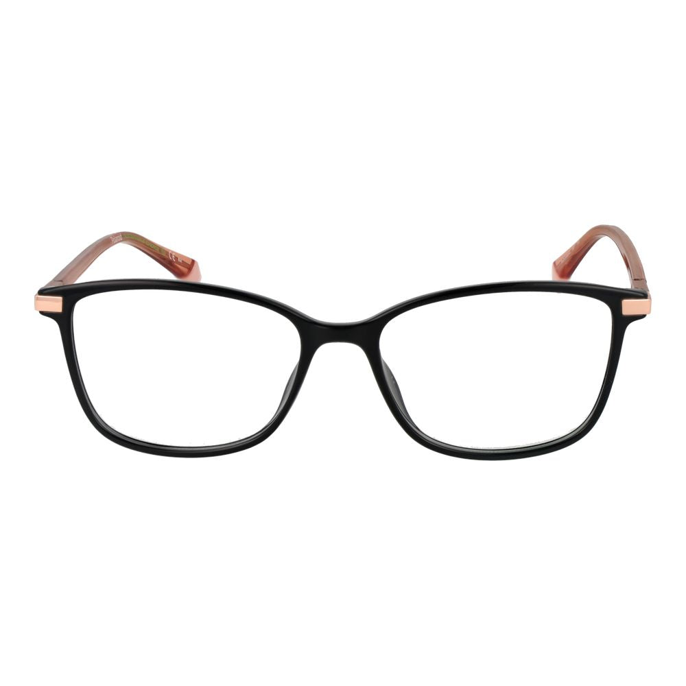 Polaroid Black Unisex Glasses Frame with full-rim black polyamide material, demo lenses, and rectangle style for men and women.