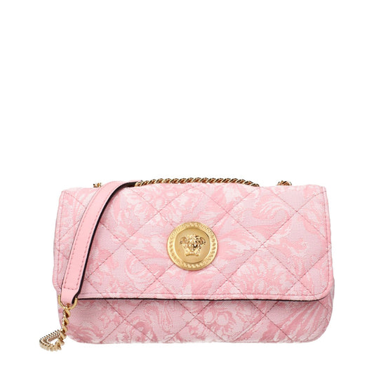Versace Pink Fabric Shoulder Bag with quilted design and gold medallion front detail.